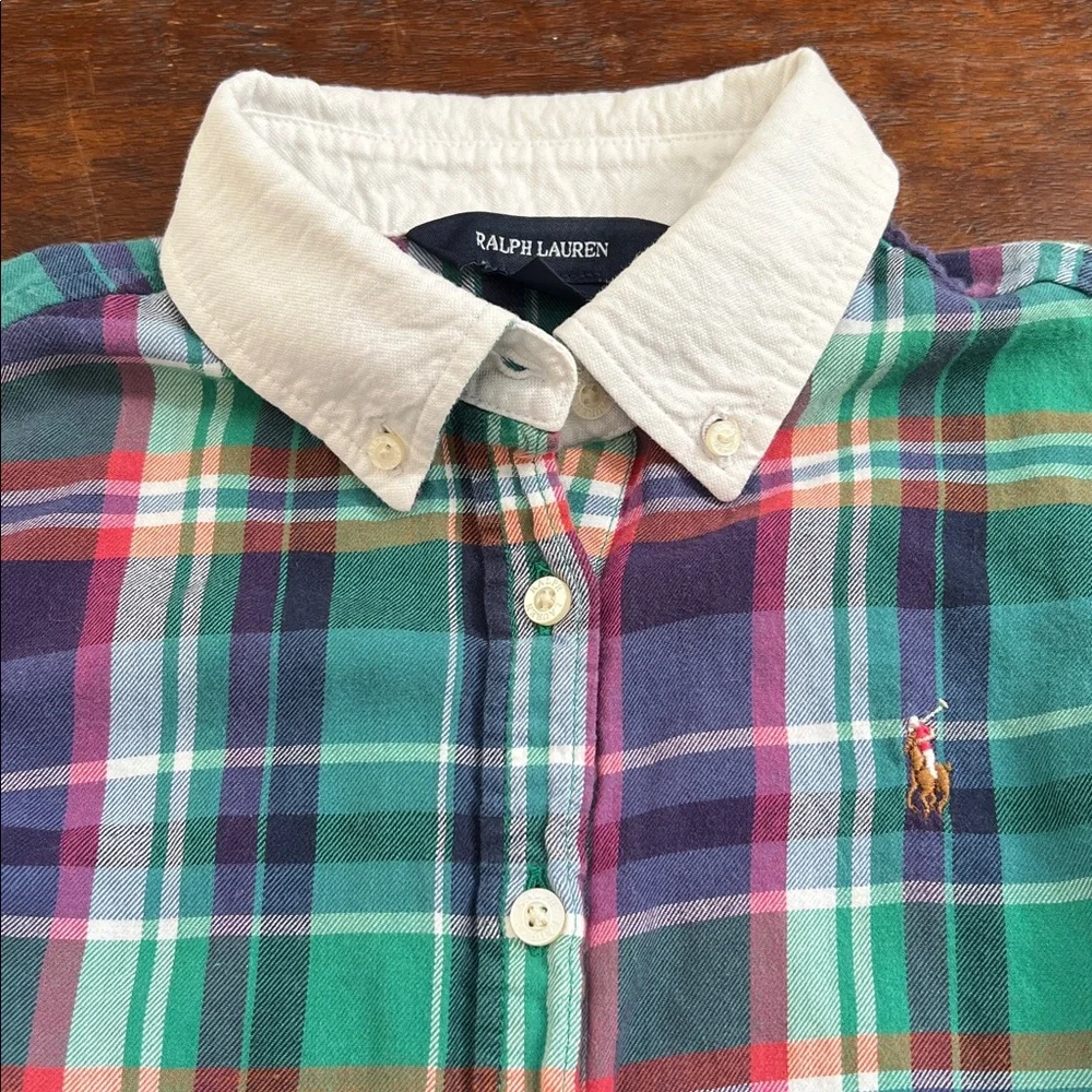 RALPH LAUREN Midi Shirt Dress Flounce Hem Girls Multicolor Madras Plaid Size 7
